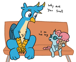 Size: 716x583 | Tagged: safe, artist:jargon scott, imported from twibooru, gallus, ocellus, changedling, changeling, griffon, bench, dialogue, duo, food, ice cream, ice cream cone, simple background, sitting, size difference, smol, white background