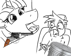 Size: 633x505 | Tagged: safe, artist:jargon scott, edit, editor:velgarn, imported from twibooru, gallus, twilight sparkle, alicorn, griffon, pony, the last problem, black and white, duo, female, garbage day, grayscale, gun, handgun, lineart, male, mare, monochrome, princess twilight 2.0, revolver, scared, silent night deadly night, simple background, trash can, twilight sparkle (alicorn), weapon, white background