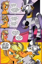 Size: 994x1488 | Tagged: safe, artist:andypriceart, edit, idw, imported from twibooru, applejack, zecora, earth pony, pony, zebra, spoiler:comic, spoiler:comic89, abuse, angry, buck, female, implied pear butter, kick, mare, not rhyming, out of character, season 10, violence, zecorabuse, zigger, ziggers