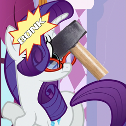 Size: 829x829 | Tagged: safe, edit, edited screencap, imported from twibooru, screencap, rarity, abuse, cartoon violence, hammer, horny jail, meme, onomatopoeia, raribuse, sledgehammer, sound effects