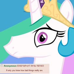 Size: 894x894 | Tagged: safe, edit, edited screencap, imported from twibooru, screencap, princess celestia, cropped, if only you knew how bad things really are, meme, reaction image, scaredlestia, zoomed in