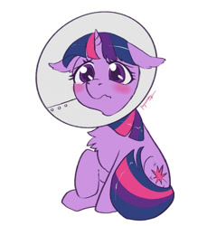 Size: 824x901 | Tagged: safe, artist:taytinabelle, edit, editor:drtoughlove, imported from twibooru, twilight sparkle, pony, unicorn, blushing, chest fluff, cone, cute, ear fluff, elizabethan collar, female, floppy ears, mare, raised hoof, sad, sadorable, simple background, sitting, solo, unicorn twilight, white background, wingless, wingless edit