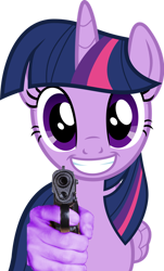 Size: 694x1151 | Tagged: safe, artist:sketchmcreations, edit, editor:drtoughlove, imported from twibooru, vector edit, twilight sparkle, alicorn, pony, what about discord?, female, grin, gun, handgun, looking at you, mare, pistol, simple background, smiling, suddenly hands, transparent background, twilight sparkle (alicorn), vector, vibe check, weapon