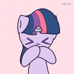Size: 720x720 | Tagged: safe, artist:starflashing twinkle, edit, imported from twibooru, twilight sparkle, unicorn, :3, blowing a kiss, chinese text, editor needed, heart, moon runes, simple background, solo, unicorn twilight, wingless, wingless edit