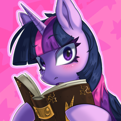 Size: 3000x3000 | Tagged: safe, artist:porcelanowyokular, edit, imported from twibooru, twilight sparkle, pony, unicorn, blushing, book, book of harmony, bust, cute, editor needed, high res, looking at you, open mouth, pink background, portrait, reading, simple background, solo, stars, twiabetes, unicorn twilight, wingless, wingless edit