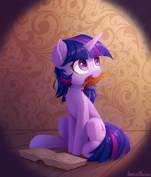 Size: 2400x2800 | Tagged: safe, artist:emeraldgalaxy, edit, imported from twibooru, twilight sparkle, pony, unicorn, book, chest fluff, cute, editor needed, leg fluff, looking back, looking up, mouth hold, nom, quill, short mane, shoulder fluff, sitting, smiling, solo, twiabetes, unicorn twilight, wingless, wingless edit
