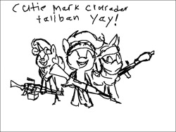 Size: 800x600 | Tagged: safe, artist:phoneypony, imported from twibooru, apple bloom, scootaloo, sweetie belle, pony, /mlp/, cutie mark crusaders, gun, monochrome, rifle, rpg-7, simple background, taliban, terrorist, weapon