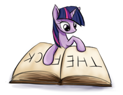 Size: 451x348 | Tagged: artist needed, source needed, safe, imported from twibooru, twilight sparkle, unicorn, book, implied vulgar, png, reaction image, simple background, smol, unicorn twilight, white background, wtf