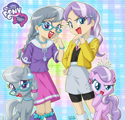 Size: 900x863 | Tagged: safe, anonymous editor, artist:uotapo, edit, imported from twibooru, diamond tiara, silver spoon, pony, equestria girls, bimbo, bimbo edit, ear piercing, earring, equestria girls logo, glasses, hoof polish, human coloration, human ponidox, jewelry, laughingmares.jpg, lipstick, makeup, piercing, png, self ponidox