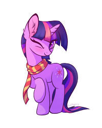 Size: 800x1000 | Tagged: safe, artist:lollipony, edit, editor:pastthesouthpole, imported from twibooru, twilight sparkle, pony, unicorn, clothes, cute, ear fluff, eye clipping through hair, female, looking at you, mare, one eye closed, png, raised hoof, scarf, signature, simple background, smiling, solo, standing, striped scarf, transparent background, twiabetes, unicorn twilight, wingless, wingless edit, wink