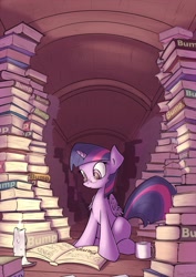 Size: 800x1132 | Tagged: safe, anonymous editor, artist:subjectnumber2394, edit, imported from twibooru, twilight sparkle, alicorn, pony, book, bump, candle, canterlot, chemistry, cup, drink, female, glasses, mare, needs more jpeg, pile, reading, science, solo, twilight sparkle (alicorn)