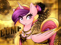 Size: 800x600 | Tagged: safe, anonymous editor, artist:sugarberry, edit, imported from twibooru, princess cadance, alicorn, pony, abstract background, bump, clothes, dress, gold, gold background, jewelry, necklace, png, solo, yellow dress