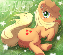 Size: 800x698 | Tagged: safe, anonymous editor, artist:aymint, edit, imported from twibooru, applejack, earth pony, pony, blushing, bump, butt, cute, dock, female, flower, grass, hat, jackabetes, looking at you, loose hair, mare, plot, png, side, solo, underhoof, unshorn fetlocks