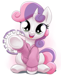 Size: 646x800 | Tagged: safe, anonymous editor, artist:stoic5, edit, imported from twibooru, sweetie belle, pony, unicorn, bump, c:, clothes, cute, diabetes, diasweetes, female, filly, hnnng, hoodie, looking at you, png, pointing, simple background, smiling, solo, underhoof, weapons-grade cute, white background