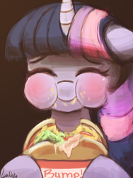 Size: 600x800 | Tagged: safe, anonymous editor, artist:lumineko, edit, imported from twibooru, twilight sparkle, alicorn, pony, :i, blushing, bump, burger, cute, eyes closed, female, food, hamburger, happy, hoof hold, in n out, mare, meat, messy eating, png, ponies eating meat, puffy cheeks, smiling, solo, that pony sure does love burgers, twiabetes, twilight burgkle, twilight sparkle (alicorn)