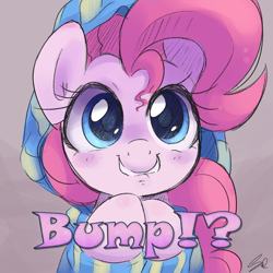 Size: 800x800 | Tagged: safe, anonymous editor, artist:steffy-beff, edit, imported from twibooru, pinkie pie, earth pony, pony, blushing, bump, bust, clothes, cute, diapinkes, female, grin, hoodie, hooves together, lip bite, looking at you, mare, png, portrait, smiling, solo