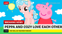 Size: 1093x611 | Tagged: safe, imported from twibooru, cozy glow, pegasus, pig, pony, break your own news, breaking news, duo, duo female, female, filly, love, peppa pig, png