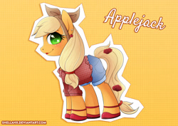 Size: 3156x2232 | Tagged: safe, artist:shellah, imported from twibooru, earth pony, pony, 50's fashion, bow, clothes, denim shorts, ear piercing, earring, jewelry, lipstick, needs more jpeg, piercing, plaid shirt, shirt, shorts, simple background