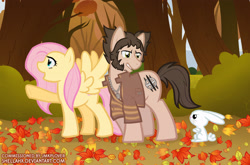 Size: 3507x2308 | Tagged: safe, artist:shellah, imported from twibooru, angel bunny, fluttershy, earth pony, pegasus, pony, autumn, crossover, fanfic art, leaves, needs more jpeg, ponified, wolverine, x-men
