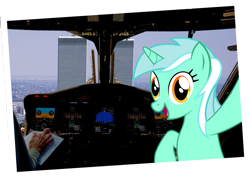 Size: 2232x1576 | Tagged: safe, artist:agrol, edit, imported from twibooru, lyra heartstrings, human, pony, unicorn, 9/11, irl, moments before disaster, photo, plane, png, ponies in real life, selfie, simple background, transparent background, we are going to hell