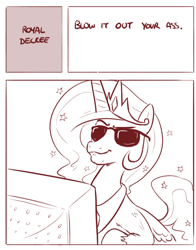 Size: 440x562 | Tagged: artist needed, safe, imported from twibooru, princess celestia, alicorn, pony, computer, duke nukem, meme, png, ponified meme, reaction image, sunglasses, vulgar