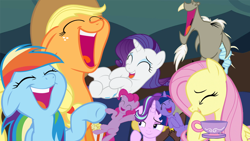 Size: 850x480 | Tagged: safe, edit, edited screencap, imported from twibooru, screencap, applejack, discord, fluttershy, pinkie pie, rainbow dash, rarity, starlight glimmer, twilight sparkle, draconequus, earth pony, pegasus, pony, unicorn, cup, food, laughing, laughingmares.jpg, mane six, png, popcorn, reaction image, teacup