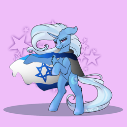 Size: 800x800 | Tagged: safe, artist:allyclaw, edit, editor:anonymous, imported from twibooru, trixie, pony, unicorn, bipedal, chest fluff, female, flag of israel, fluffy, image, israel, looking at you, mare, mouthpiece, pink background, png, simple background, unauthorized edit