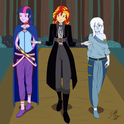 Size: 1280x1280 | Tagged: safe, artist:deltalima, imported from twibooru, sci-twi, sunset shimmer, trixie, twilight sparkle, human, equestria girls, clothes, costume, female, forest, forest background, group sex, halloween, halloween costume, holiday, humanized, image, lesbian, png, shipping, smiling, sunset gets all the mares, suntrix, threesome, tree, two toned mane, white hair