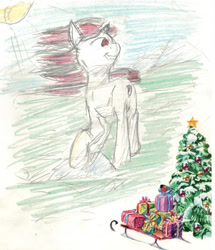 Size: 2791x3240 | Tagged: safe, artist:barhandar, imported from twibooru, oc, oc only, oc:blackjack, pony, unicorn, fallout equestria, fallout equestria: project horizons, christmas, christmas tree, colored sketch, coloring error, fanfic art, female, holiday, image, mare, needs more jpeg, present, raised leg, scenery, sketch, sled, smiling, solo, traditional art, tree, wind, windswept mane, windswept tail