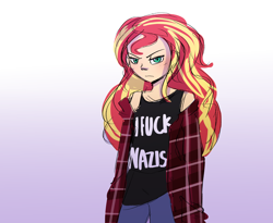 Size: 2000x1642 | Tagged: safe, anonymous editor, artist:little-tweenframes, edit, imported from twibooru, sunset shimmer, human, equestria girls, angry, banned from derpibooru, clothes, derpibooru dnp artist, female, flannel, gradient background, humanized, image, jeans, mouthpiece, pants, png, politics, pro-nazism, shirt, solo, t-shirt, unauthorized edit, vulgar