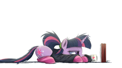Size: 3000x1688 | Tagged: safe, artist:ncmares, edit, imported from twibooru, twilight sparkle, pony, unicorn, ask majesty incarnate, book, calculus, clothes, coffee, editor needed, fancy mathematics, female, image, integral, mare, math, mathematics in the comments, messy mane, mug, png, prone, socks, solo, striped socks, studying, sweater, unicorn twilight, wingless, wingless edit