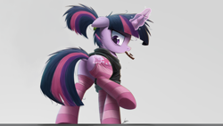 Size: 2000x1125 | Tagged: safe, artist:ncmares, edit, imported from twibooru, twilight sparkle, pony, unicorn, alternate hairstyle, butt, clothes, dock, donut, editor needed, featureless crotch, female, food, habit, image, looking back, magic, mare, mouth hold, plot, png, ponytail, rear view, signature, socks, solo, striped socks, telekinesis, twibutt, unicorn twilight, wingless, wingless edit