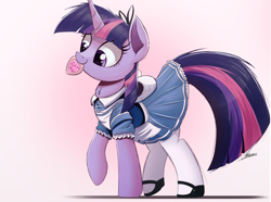 Size: 2000x1484 | Tagged: safe, artist:ncmares, edit, imported from twibooru, twilight sparkle, pony, unicorn, alice in wonderland, chest fluff, clothes, cute, dress, editor needed, female, fluffy, gradient background, image, mare, mouth hold, nom, png, raised hoof, raised leg, signature, smiling, solo, twiabetes, unicorn twilight, what could possibly go wrong, wingless, wingless edit