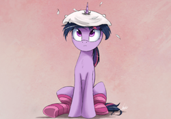 Size: 2000x1397 | Tagged: safe, artist:ncmares, edit, imported from twibooru, twilight sparkle, pony, unicorn, clothes, editor needed, feather, female, frown, horn, horn impalement, image, looking up, mare, messy mane, pillow, pillow hat, png, sitting, socks, solo, striped socks, underhoof, unicorn twilight, wide eyes, wingless, wingless edit