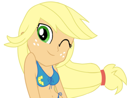 Size: 959x745 | Tagged: artist needed, safe, imported from twibooru, applejack, equestria girls, equestria girls (movie), bikini, bikini top, clothes, image, one eye closed, png, simple background, solo, swimsuit, swimsuit edit, white background, wink, wondercolts uniform