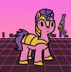 Size: 612x628 | Tagged: safe, alternate version, artist:neuro, imported from twibooru, oc, oc only, pony, unicorn, animated, armor, dancing, female, guardsmare, gun, handgun, helmet, hoof shoes, horn, image, magic, mare, mp4, pumped up kicks, revolver, royal guard, shooting, simple background, smiling, solo, synthwave, telekinesis, transparent background, unicorn oc, weapon