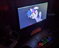 Size: 2627x2160 | Tagged: safe, imported from twibooru, twilight sparkle, alicorn, cables, computer, computer mouse, computer screen, desk, desktop, image, keyboard, microphone, monitor, mousepad, needs more jpeg, pc, photo, rainbow lights, rgb, setup, wires