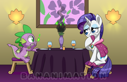 Size: 4006x2592 | Tagged: safe, artist:bananimationofficial, imported from twibooru, rarity, spike, dragon, pony, unicorn, burnt, chair, clothes, date, dress, female, fire, fire breath, glass, image, male, mare, png, shipping, sitting, sparity, straight, vase, wine glass, winged spike