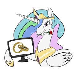 Size: 894x894 | Tagged: safe, imported from twibooru, princess celestia, alicorn, bliss, flower, image, jewelry, marriage, monitor, needs more jpeg, ring, rose, screen, wedding