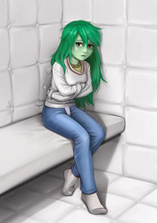 Size: 751x1064 | Tagged: safe, artist:vyazinrei, imported from twibooru, wallflower blush, equestria girls, bed, bondage, clothes, female, freckles, image, insane asylum, messy hair, missing shoes, needs more jpeg, nervous, padded cell, pants, sad, sitting, socks, solo, stocking feet, straitjacket