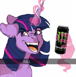 Size: 989x1000 | Tagged: artist needed, source needed, safe, imported from twibooru, twilight sparkle, pony, unicorn, bust, ear fluff, fangs, female, floppy ears, grin, image, magic, mare, monster energy, png, simple background, smiling, solo, telekinesis, white background