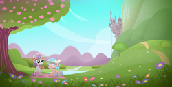 Size: 4500x2284 | Tagged: safe, artist:vito, imported from twibooru, cozy glow, sweetie belle, pegasus, pony, unicorn, a better ending for cozy, canterlot, duo, eyes closed, female, filly, flower, sitting, spring, tree