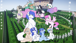 Size: 1920x1080 | Tagged: safe, imported from twibooru, oc, oc:doragon keiyou, oc:icicle night, oc:perish song, alicorn, dragon, earth pony, griffon, pegasus, unicorn, antlers, augmented tail, cloud, image, minecraft, oc name needed, png, poniarcade