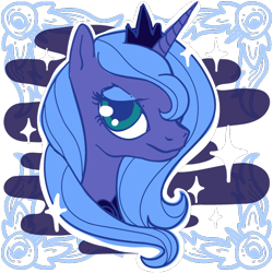 Size: 650x650 | Tagged: safe, artist:ponyshot, imported from twibooru, princess luna, alicorn, pony, banned from derpibooru, bust, female, horn, image, jewelry, mare, png, regalia, simple background, solo, sparkles, tiara, transparent background