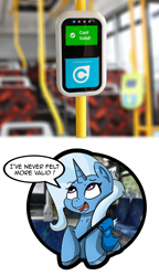 Size: 1222x2128 | Tagged: safe, artist:n-o-n, edit, editor:edits of hate, imported from twibooru, trixie, pony, unicorn, /mlp/, bus, happy, image, irl, photo, png, ponies in real life, proud, public transportation, simple background, smiling, smug, solo, unofficial edits thread, valid