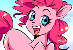 Size: 1080x734 | Tagged: safe, artist:sugarberry, imported from twibooru, pinkie pie, pony, image, looking at you, needs more jpeg, smiling at you, solo