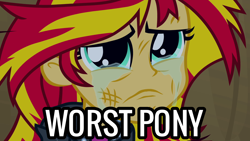 Size: 1920x1080 | Tagged: safe, imported from twibooru, sunset shimmer, equestria girls, abuse, image, png, sad, sad but true, shimmerbuse, sunsad shimmer, truth, worst pony