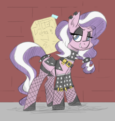 Size: 1140x1200 | Tagged: safe, artist:flutterthrash, edit, imported from twibooru, diamond tiara, earth pony, pony, black and white, choker, clothes, ear piercing, eyeshadow, female, fishnets, grayscale, image, jacket, leather jacket, lidded eyes, makeup, mare, monochrome, older, older diamond tiara, piercing, png, smiling, solo, spiked choker, spiked tail tie