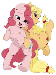 Size: 765x1024 | Tagged: artist needed, safe, imported from twibooru, applejack, pinkie pie, semi-anthro, blushing, breasts, chestbreasts, duo, female, image, looking at you, looking back, looking back at you, mare, needs more jpeg, simple background, white background