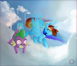 Size: 1500x1292 | Tagged: safe, artist:harumi, imported from twibooru, rainbow dash, spike, alicorn, image, needs more jpeg, race swap